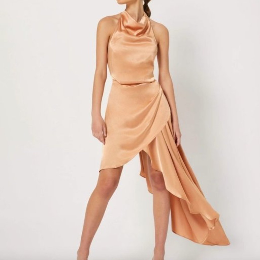 Elliatt Gold Halter Tiered Asymmetric Midi Cocktail Dress Satin Size Small New - Picture 14 of 14